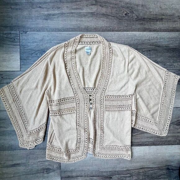 Chicos 1 Cardigan Womens Neutral Crochet 3/4 Bell Sleeve Flowy Boho Artsy - Picture 1 of 6
